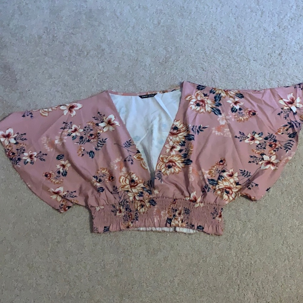 SHEIN Shirred Deep V Neck Floral Blouse